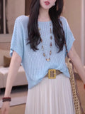 Large-Size Leuk-Sleeve Short-Sleeved Knitwear 2025 Summer New Fat Mm Belly-Covered Ultra-Good-Looking Unique Top