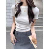 Irregular Shoulder Short Sleeve T-Shirt Girl Summer Hottie High Waist Umbilly Repair Body Slimming Short Top