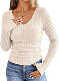 2026 New Female Pure Color V-Neck Fashion Long-Sleeved Pitted Haired Women's T-Shirt