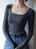 2025T Collar Ribs Fabric Autumn Bottom Shirt Black Low-Necked Women's T-Shirt Striped Splicing