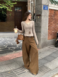 Solid Color Shoulder V-Neck Long-Sleeved Knitted Shirt Woman 2026 Autumn New Body To Close The Waist And Put On The Bottom Shirt Top