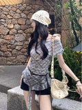 Irregular Ribbon Lattice Oblique Shoulder T-Shirt Girls Summer Vintage Checkered Waist Repair Cic Single Special To Short-Sleeved Top