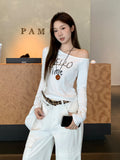 White Oblique Shoulder Letter Print Design Long-Sleeved T-Shirt 2026 Early Autumn New Slimming On The Shoulder