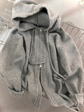 Grey Hooded Sweater Coat Women Loose Spring And Autumn Winter Outside The Lazy Wind Thick Knit Double Zipper Sweater