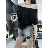 Pure Cotton Oblique Shoulder Design Small Babes Short-Sleeved T-Shirt Girls Summer Loose Lazy Wind Casual Shoulder Coat