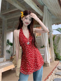 Design Sense Of Retro Broken Flowers V-Neck Hanging Neck Sling Vest Women Summer Age Reduction Temperament Thin Leisure Wear Clothes