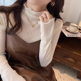 2026 Autumn And Winter New Velvet Warm Slim Slim Thin Long Sleeve T-Shirt T-Shirt Women Half-High Collar Lace Blouse