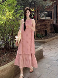 Pink Three-Dimensional Flower Sleeveless Vest Dress Sanya Seaside Holiday Dress Temperament Fake Two Dresses Women's Summer