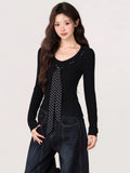 Korean Wave Point With Bow Knitted Women 2026 Autumn And Winter Pit Strip V Collar Long Sleeve Bottom Shirt Top