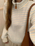 Autumn And Winter Korean Zipper Design Sense Inside The Sweater Top Blue And White Stripe Hit The Knitted Open Shirt Coat Woman