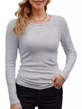 2025 Women's Women's Ribs Cotton Fabric Basic Round Neck Solid Color Long-Sleeved T-Shirt Repair