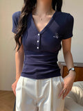 Blue Shoulder V-Neck Chic Embroidered Short-Sleeved T-Shirt For Women's Summer New Design-Scuffed Shoal Blouse