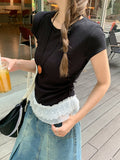 Sweet Age-Rearing Lace Spliced Hem Short-Sleeved T-Shirt 2026 Summer Ballet Style Folding Top