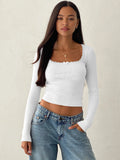 2025 New Long-Sleeved T-Shirt Women's Fashion Brand Slim Lace Spliced Hottie Top U Collar Thin Bottom Shirt