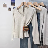 Shoulder Cotton Long-Sleeved U-Necked T-Shirt Women 2026 Early Spring And Autumn New Low-Round Collar Inside The Bottom Shirt Top