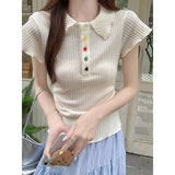 Cun Chic Color Button POLO Collar Short-Sleeved T-Shirt For Girls Summer Slimming Folded Waist Design Blouse