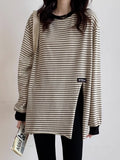 Pure Cotton Striped T-Shirt Women's Bottoming Shirt Korean Version Of The Large-Size Loose Open-Fork Niche Long-Sleeved Top Spring And Autumn Tide