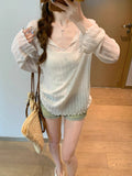 Korean Sweet Wooden Ear Long-Sleeved T-Shirt Girl Spring And Summer Thin Slim Lazy Outside With Sun Protection Shirt Tops