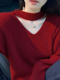 Korean Unique Beautiful Red Hanging Neck Knitted Women 2025 Autumn New Temperament Elegant Thin Sweater