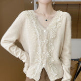 Heavy Industry Fashion Age-Retro-Weighted Women's V-Neck With Lace Lace Tops Autumn Korean Knitwear Coat