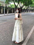 French Retro Ink Print Sling Dress Women's Summer Beautiful Temperament To Close The Waist And Bare Seaside Holiday Dress