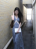 French Lace Splicing V-Neck Blue Floral Vest Dress Female Summer Temperament Seaside Beach Dress