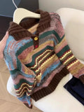 Spring And Autumn New Maillard Wearing Colorful Striped Collar Sweater Women's Autumn And Winter Lazy Knit Coat