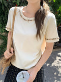Korean Chic Nail Bead Design Sense Niche Shoulder Short Sleeve Round-Neck T-Shirt Beautiful New Unique Top