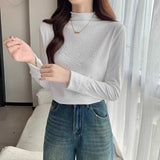 French Temperament Shoulder Lace Side Bottom T-Shirt T-Shirt Women Autumn And Winter Plus Velvet Half-High Collar Long Sleeves To Put On The Top