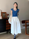 French Flowers With Blue Small Flying Sleeve Knit T-Shirt For The Summer 2025 New Slime Sleeveless Top