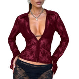 Dili 2025 Autumn And Winter Y2K Sexy Pocket Open Shirt Lace Jersey Women's Clothing