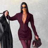 Women's Clothing 2025 Autumn And Winter New Solid Color Slim Slim V To Receive Waist Thin Temperament Suit Dress
