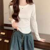 Dark Gray Long-Sleeved Mask T-Shirt Women's Autumn And Winter New Bottom Wrinkle Waist Solid Color Collar Age Reduction Top