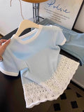 Korean Fresh Lace Side Splicing Hollow Short-Sleeved T-Shirt For Women's Summer French Ice Collar Collar