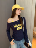 Slanted Shoulder Letter Print Long-Sleeved T-Shirt Girl 2026 Early Autumn New Folded Body Design Feel Shoulder Strap