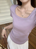 Litao Pure Purple Folding Collar Short-Sleeved T-Shirt Girl Summer 2026 New Small Design Temperament Blouse