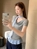 Lattice Wood Ear Splicing Hem Short-Sleeved T-Shirts For Summer Women's New Collar Folds And Thin Belt Neck Small Tops