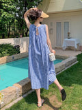 White Blue Lattice Sleeveless Vest Dress Women's Summer Korean Casual Style Relaxed Mid-Sized Holiday Dress