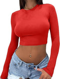Global YS Women's Explosive Women's Sexy Hot Girl Pure Color Round Collar Body Open Umbilical Long-Sleeved T-Shirt Women's Clothing