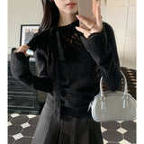 French Lace Yarn Half-High-Neck Long-Sleeved Bottom Shirt Women's Autumn And Winter New Hollow Tying Temperament Top