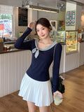 French Bow Tie With Slanted Shoulder Long-Sleeved T-Shirt For Women's Early Autumn Small Body Slim Slime Top
