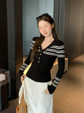 Spice Girls Striped Splicing POLO Collar Button Long-Sleeved Knitted Shirt Girl 2026 Autumn Repair In The Bottom Shirt Top