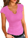 2025 Summer New Solid Color V-Necked Leaf Sleeve Short-Sleeved Lady Top