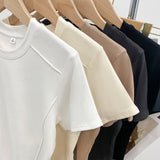 Solid Color Round-Neck Short Sleeves T-Shirt Women 2026 Summer European Goods New Gas-Retro-Ageed Fish Bone Short Shoulder Shirt