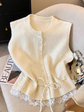 Soft-Gallow Light Gray Lace Lace Hem Spliced With Vest Women's Spring New Folding Loose Knitting Top