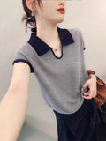 Cicpic Clip Collared Small Thin Knitted Shirt Summer New Temperament Thin Shoulder Short Sleeve Coat Head Woman