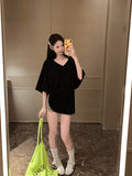 Large-Size Women's White Languid T-Shirt Women Summer Fat Mm Loose Belly V Collar Short-Sleeved Top Casual T-Shirt
