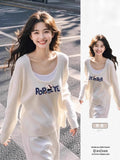 Unique To White Low-Necked Fake Two Knitted Shirt Girls Spring And Autumn Design Cartoon Print Long-Sleeved Top Sweater
