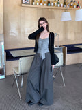Grey Bow Strap Sleeveless Vest Slings Summer New With Chest Pads All-In-One Design-Scuffed Bodysuit