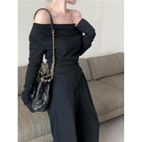 High-Level Temperament Suit Women 2025 New Autumn And Winter Word Shoulder Long Sleeve Tops Wide Legs Long Pants Two Sets